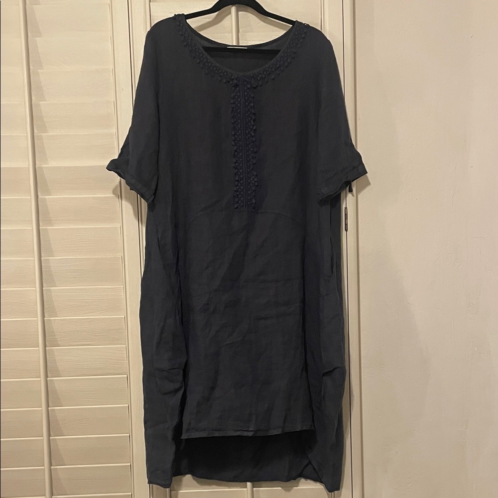 Asymmetrical Linen Navy Blue Dress